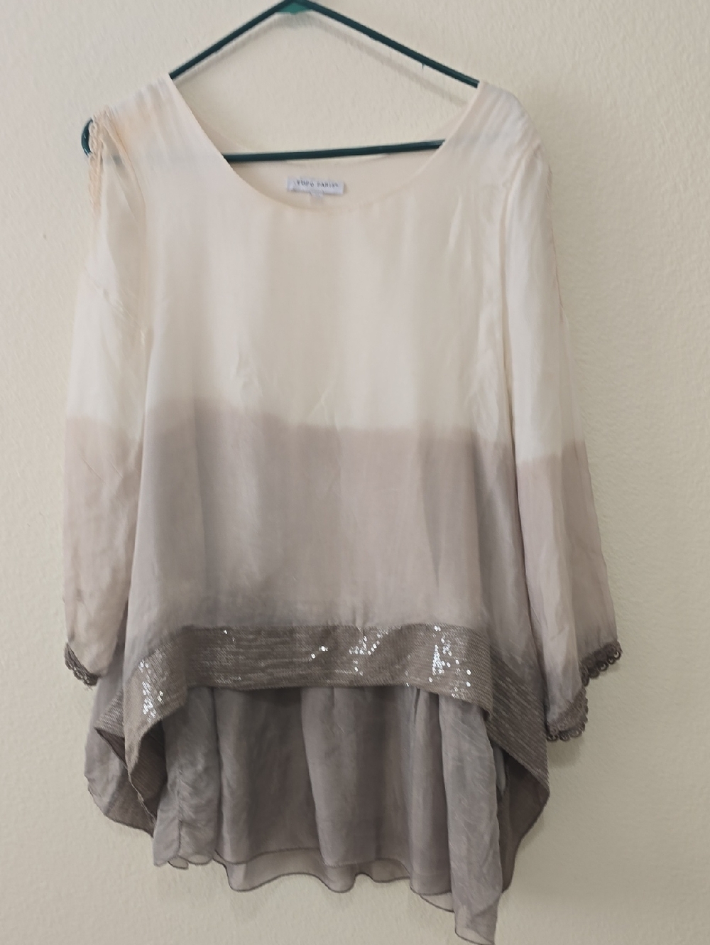 Tempo Paris Cream to Light Taupe Ombre Chiffon Tunic with‎ Sequin Hem M
